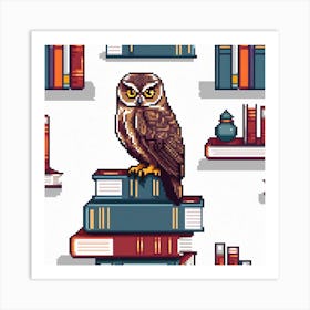 Owl On Books, An Owl Perched On A Stack Of Books Symbolizing Wisdom And Learning 1 Art Print