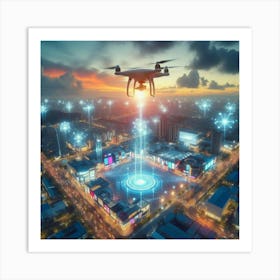 Drone Flying Over City Art Print