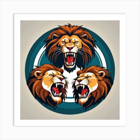 3 Angry Male Lion Roar On Circle Logo Art Print