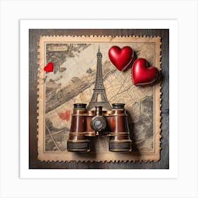 Firefly A Paris, France Vintage Travel Flatlay, Binoculars, Small Red Heart, Map, Stamp, Flight, Air (1) Art Print