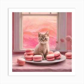 Kitten And Pink Macarons Art Print