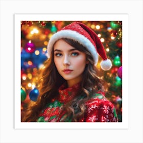 Christmas Girl In Santa Hat Art Print