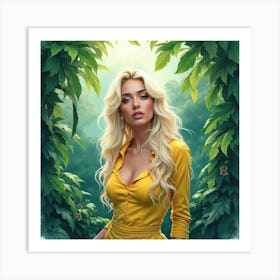 Lady Gaga In Watercolor Amidst A Lush, Enchanted Jungle With Vivid Greens And Light 1 Art Print