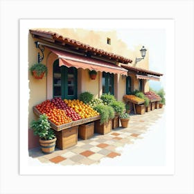 Traditional Spanish Market Stalls With Watercolor Fruits And Vegetables Art Print