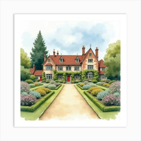 An English Countryside Manor With A Formal Garden, Rendered In Watercolor 1 Art Print