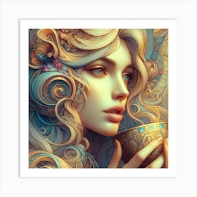 Girl Drinking Tea Art Print