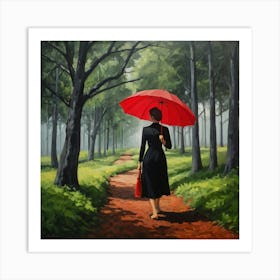 Default Woman With Black Dress And Red Umbrella Walking In The 0 Art Print