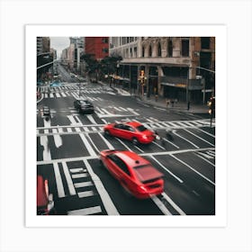 Red Cars On A City Street Art Print