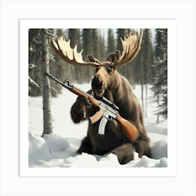 Moose With Rifle Art Print