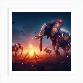 Elephants By The Campfire Art Print