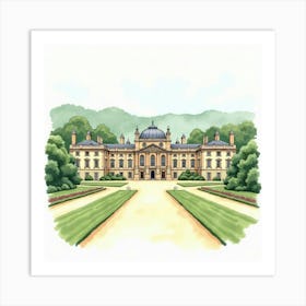 Watercolor Illustration Of The Blenheim Palace In Oxfordshire, Showcasing Its Majestic Architecture And Expansive Grounds Art Print