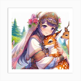 Gorgeous mountain girl with deer Art Print