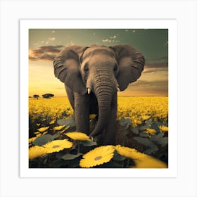 Elephant In A Field Of Sunflowers Art Print