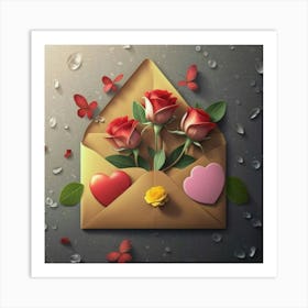 An open red and yellow letter envelope with flowers inside and little hearts outside 15 Art Print