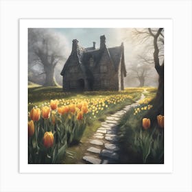 Stone House Country Garden with Tulips Art Print