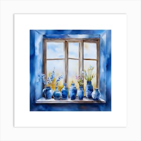 Blue wall. Open window. From inside an old-style room. Silver in the middle. There are several small pottery jars next to the window. There are flowers in the jars Spring oil colors. Wall painting.7 Art Print