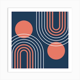 Mid Century Modern Geometric B34 In Navy Blue And Coral (Rainbow And Sun Abstract) 02 Art Print