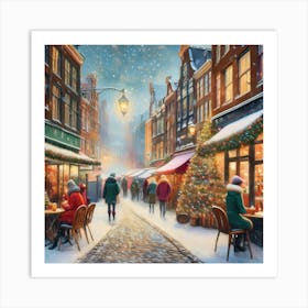 Amsterdam cafes, winter season, Christmas, autumn oil colors, pale colors, pedestrians in the street, winter clothes, falling snow.34 Art Print