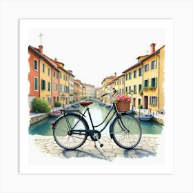 Elegant Bike By A Charming European Town Watercolor 1 Art Print