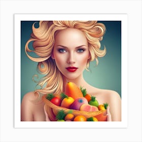 Blond Woman With Basket Of Fruits Art Print