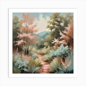 Botanical Plants In Shades Of Blush Pink Soft Blue And Mint Green Art Print