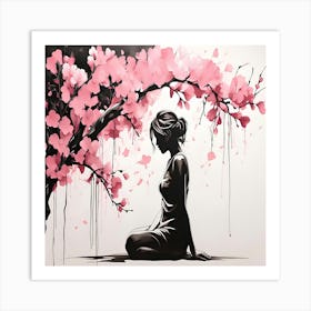 Cherry Blossom Meditation Sumi-e Ink Art of a Woman in Tranquility Póster