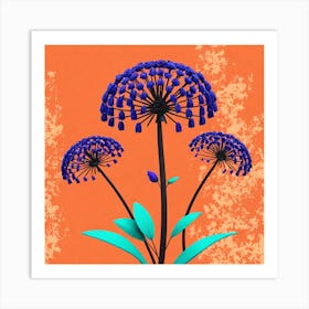 Blue Flowers On An Orange Background 1 Art Print