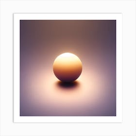 Title: "Solitary Glow: A Study in Light and Form"  Description: "Solitary Glow" is a minimalist piece that exudes a meditative quality through the interplay of light, shade, and form. The artwork captures a singular sphere bathed in a gradient of warm light that gently fades into the surrounding soft mauve backdrop. This simple yet profound representation alludes to the quiet power of a solitary source of light, reminiscent of a setting sun or a glowing ember. The subtle illumination creates a halo on the surface, suggesting depth and space. This piece is an invitation to contemplation, ideal for those who seek to infuse their environment with a sense of calm and the sublime beauty of simplicity. Art Print