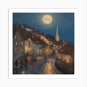 Moonlight In The Old Town Art Print