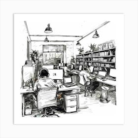 Sketch Of People Working At Desks Art Print