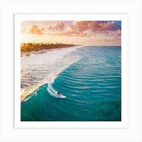 Aerial Photography Capturing A Surfer Amidst Azure Waves Tropical Beach In The Background Palm Tre (5) Art Print