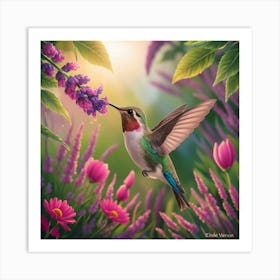 Enchanting Hummingbird: A Vibrant Garden Scene Art Print