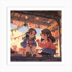 Two Girls At A Market Anime Art Print