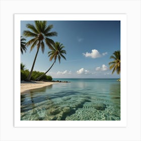 A Tranquil Beach With Crystal Clear Water And Palm Trees Swaying In The Breeze 2 Art Print