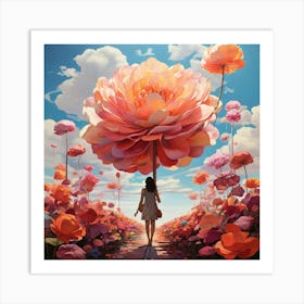 Girl Walking Through A Field Of Flowers paintings art print Art Print