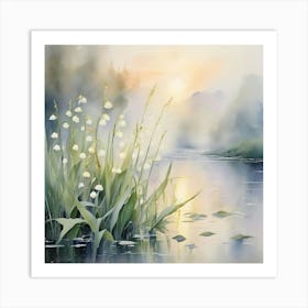 A Lily Of The Valley Along A Misty Rivers Edge At Dawnwatercolor On Paper Soft Brush Strokes Pas (2) Art Print