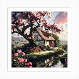 Cottage Under The Cherry Blossoms Art Print