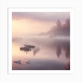 Swans In The Mist Art Print