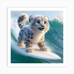 Snow Leopard On A Surfboard Art Print