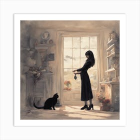 Woman And A Cat Art Print