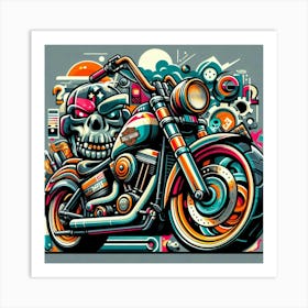 Harley Davidson Skull Motorcycle Vehicle Colorful Comic Graffiti Style - 3 Art Print
