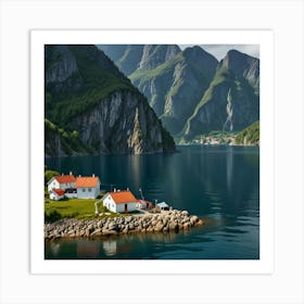 A Serene Fjord With Steep Cliffs, Calm Blue Water, And A Small Fishing Village On The Shore Art Print