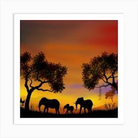 Landscape Illustration Elephants Animals Africa Sunset Eventide Night Sky Art Print