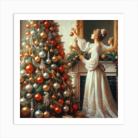 Lady Decorating A Christmas Tree Art Print