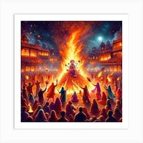 An Image Vividly Illustrating The Traditional Celebration Of Holika Dahan, A Significant Ritual During The Hindu Festival Of Holi Art Print