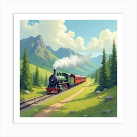 Steam Engine Traveling Through A Beautiful Watercolor Valley 1 Art Print