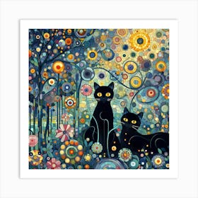 Black Cat In A Garden, Klimt Style Art Print