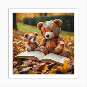 Autumn Teddy Bears Reading Book Art Print