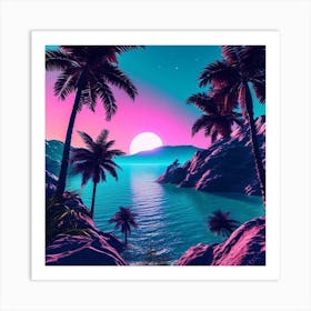 Psychedelic Sunset, Tropical Landscape With Palm Trees, blue sky, wall art, trees, flowers, and sun. good look, Art Print