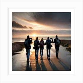 Group Of People Walking On The Beach At Sunset Art Print